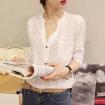 Korea 2021 Spring Autumn long sleeve bamboo cotton V-neck T-shirt women loose cotton base shirt long top