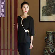 Beautician work clothes womens set medium sleeve black beauty salon health center SPA club foot bath masseuse spring and autumn