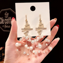 FS925 silver needle exquisite flash drill line earrings very fairy long pearl earrings female Net Red personality ears