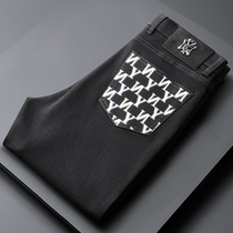 High end quality Ourgoods elastic combed cotton black jeans Mens autumn and winter workout straight drum letter printed casual pants