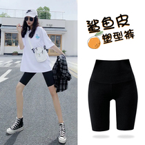 Shark skin leggings women wear summer thin five-point tight high waist yoga hip Barbie anti-light safety pants