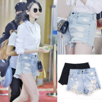 Naza star with the hole denim shorts female summer high waist Korean version loose thin 2021 New Tide hot pants