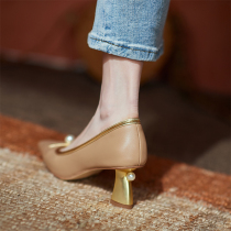 Pointed high heel shoe woman coarse heel single shoe woman 2022 spring new Korean version 100 hitch with shallow stomp shoes children