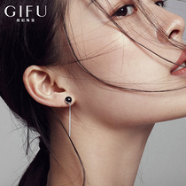 Sterling silver earrings female Korean temperament long drop earrings Black synthetic Agate crystal linear stud earrings ear jewelry thin