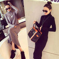 Autumn Winter new long style Knee Conspiculy Slim collar knit Knitted Dress Early Autumn Method Vintage Hitch Base Sweater Dress