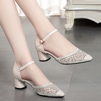 Word belt sandals womens summer medium heel leather thick heel Pointed Baotou belt diamond mesh hollow womens shoes hollow single shoes
