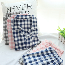 Spring and summer thin family of three pure cotton pajamas children long sleeve parent-child home clothing gauze men and women big children Plaid