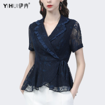 Lace Shirt Woman Short Sleeve Blouse Design Sense Suit Collar Collection Waist Strap Temperament Shirt Body 2022 Summer New