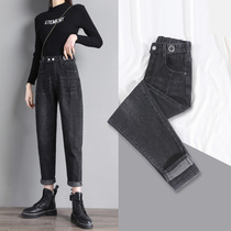 Smoky gray jeans women spring and autumn 2021 new spring and autumn high waist slim straight loose Harlan daddy pants