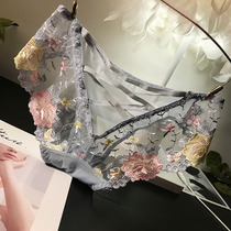 Three get one embroidery flower sexy mesh lace panties Womens middle waist back hollow out strap transparent see-through briefs