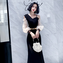 Black evening dress female banquet celebrity temperament host dress winter can usually wear light luxury winter