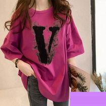 Rose red short sleeve t-shirt women loose 2021 summer personality pattern long Large version bf style harbor flavor body shirt tide