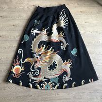 Cloud decoration totem original design waist skirt ethnic style big a version of the old satin plate Golden Dragon womens skirt