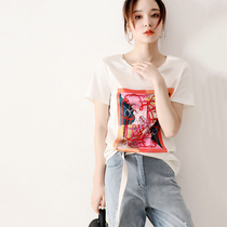 Japanese womens summer new vintage print front silk stitching ancient Roman print round neck tee shirt