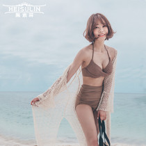 Split neck brown high waist knitted bikini three-piece set gathering cross strap hot spring sexy steel body swimsuit