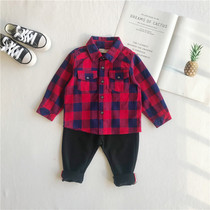 2020 fall for boys 5 girls pure cotton mill fur red blue plaid turned collar shirt 3 year old baby hit bottom lining 4 tide 6