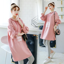  Pregnant womens autumn jacket womens 2021 loose sweater fashion t-shirt medium and long pregnancy suit top spring and autumn