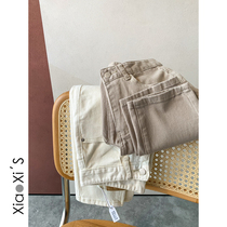 Little Hijijia) Rice White Woman Loose Straight Drum Spring Autumn 2022 New High Waist Display Slim 90% Smoke Pipe Jeans Sub