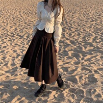 Two-single-piece suit Chic style Lazy Square Collar Bubble Sleeves Cardiovert 100 lap 100 Pleated Half Body Skirt Suit