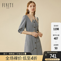 FINITY2020 winter dress new plaid dress fashion lace-up waist thin temperament Half sleeve skirt women