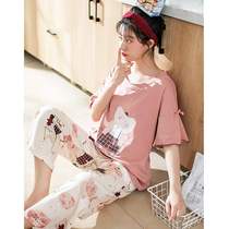 Demens pajamas womens summer pure cotton short-sleeved nine-point pants suit summer can be worn outside sweet and cute cartoon home clothes