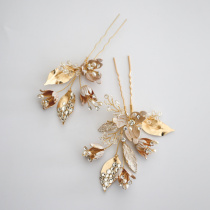 Export design Bridal hair fork hairpin Copper cast flower bud hand painted enamel mottled rhinestone leaf hair plug combination NOP55