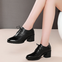 Thick heel shoes womens 2021 spring and autumn new medium heel leather deep mouth casual mom shoes soft sole middle-aged womens shoes