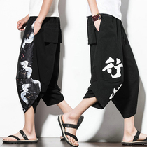 Hong Kong Tide China Style Linen Shorts Mens Casual Loose Capri pants Summer Holiday Plus Size Beach Wide Leg Pants