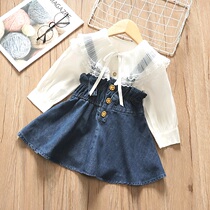 Female baby Foreign style denim dress shirt set 2021 spring and autumn dress Korean version of new girls two-piece girl