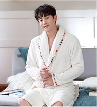  Mens nightgown Mens thick flannel autumn and winter long-sleeved hot spring bathrobe Coral velvet bathrobe plus size pajamas