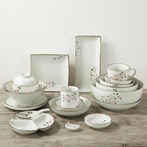 Snow point Cherry blossom Japanese ceramic tableware Household rice bowl Soup bowl Noodle bowl Creative dish plate Long plate disc cup