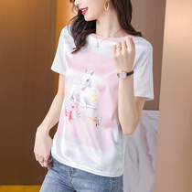 Shang Ke mother dress womens T-shirt spring printing silky loose slim comfortable and simple fashion temperament