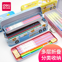 Del multi-functional cute stationery box childrens three-layer pencil case Primary School students kindergarten boys and girls plastic iron pencil case pencil case storage Korean style 3-5 grade 10 years old 1-3 Grade