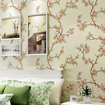 Retro green American country non-woven 3d wallpaper pastoral flowers warm bedroom living room dining room TV background wallpaper