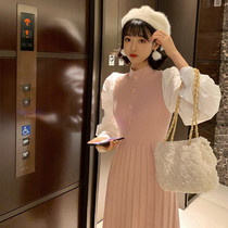 Bubble sleeve stitching knitted dress women autumn and winter 2021 New Palace wind waist thin temperament base skirt