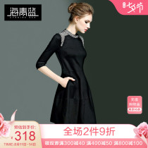 Sea blue 2021 autumn womens new fashion retro round neck beaded small black skirt elegant temperament dress