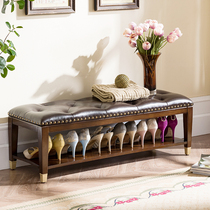 New Chinese solid wood changing shoes stool Xuan Guan sitting style wearing shoes stool modern simple genuine leather short stool multifunction shoe rack sub