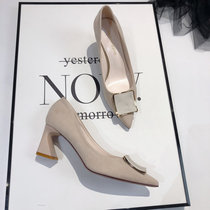 Hong Kong Net red Fashion Square button high heels womens new 2021 summer Joker pointed shallow suede thick heel single shoes