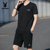 Playboy summer sports suit mens short-sleeved casual summer two-piece suit trendy mens wear a set with handsome