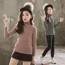 Girls high collar base shirt autumn and winter 2021 new childrens long-sleeved tide winter striped top large children thin section