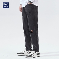 Hanska Spring 2022 New Korean Ripped Jeans Men Straight Straight Trend Versatile Black Casual Trousers Men