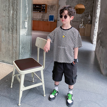 Boy set summer 2021 new short sleeve foreign atmosphere Red Sports childrens summer dress tide handsome fashionable two-piece set