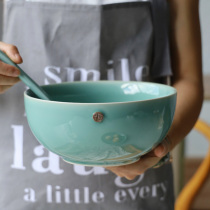 Celadon celadon celadon celadon celadon celadon celadon celadon celadon celadon celadon celadon celadon celadon glaze creative blessing letterware 8-inch soup noodle bowl home Chinese salad bowl spoon combination