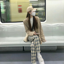 Plaid wide-leg pants womens autumn and winter high-waisted straight tube pants 2021 New drape loose slim mopper pants thin
