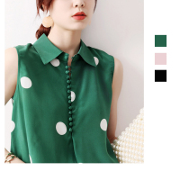 Japanese womens Joker temperament atmospheric wave dot cloth buckle long sleeveless silk shirt shirt top