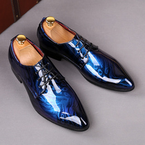 Trendy brand all-match mens bright leather patent leather pointed small leather shoes Korean version of casual British style lace-up color matching leather shoes