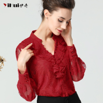2020 Spring Dress New Lace Jersey Woman Hollowed-out Long Sleeve Blouse V Collar Lotus Leaf Side Shirt Big Code Explicit and Lean European Goods Woman