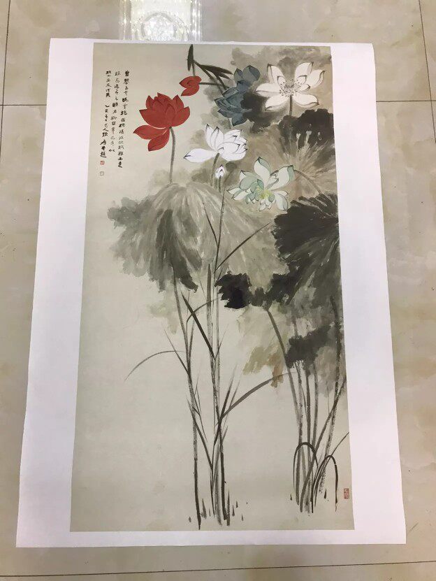 Zhang Daqian < 5 color ho flower picture > Xuan paper high-definition art micro-spray size 50 x 90cm