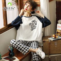 Cute long sleeve autumn winter pyjamas womens pure cotton suit Spring and autumn season Korean version of grid student headsets full cotton home clothes