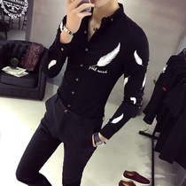 Autumn and winter new mens shirt long-sleeved slim-fit casual inch shirt Korean version of the trend handsome plus velvet warm printed shirt